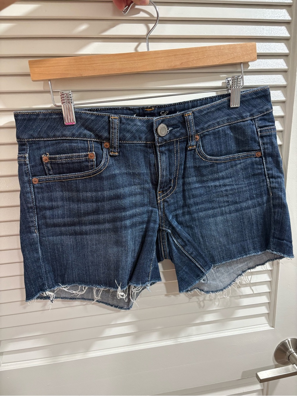 American Eagle Outfitters Dark Blue Frayed Hem Jean Shorts